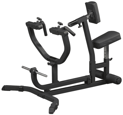Seated calf raise exercise machine, black color.