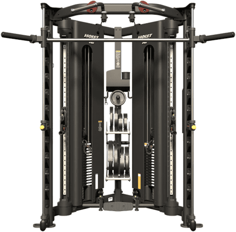 Modern multi-functional gym cable machine with adjustable pulleys and weight stacks.