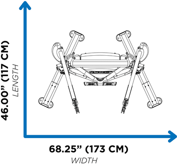 Folded adjustable chair showing dimensions of width and height.