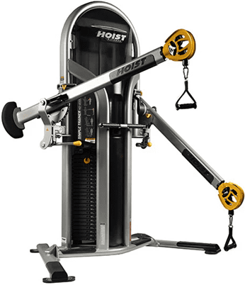 Black multi-functional gym machine with cables and pulleys.