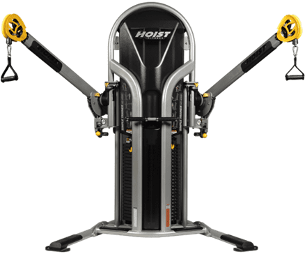 Black multi-functional gym machine with cables and pulleys.