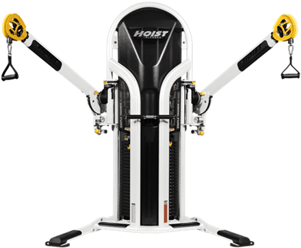 Black multi-functional gym machine with cables and pulleys.