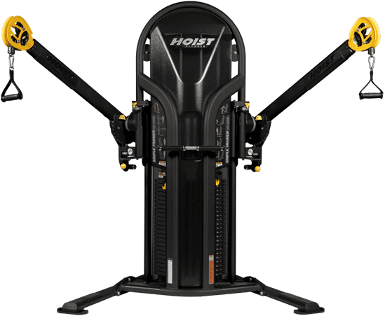 Black multi-functional gym machine with cables and pulleys.