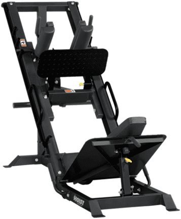 Black leg press machine with padded backrest and foot platform.
