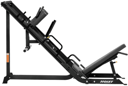 Black leg press machine with padded backrest and foot platform.