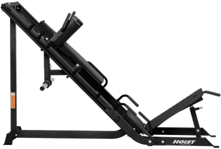 Black leg press machine with padded backrest and foot platform.