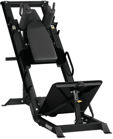 Black leg press machine with padded backrest and foot platform.