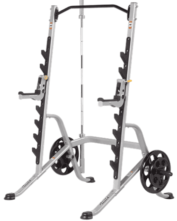Adjustable steel squat rack with weight plates and safety bars.