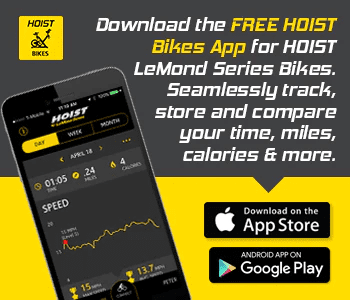 Advertisement for the free HOIST Bikes app available on App Store and Google Play.