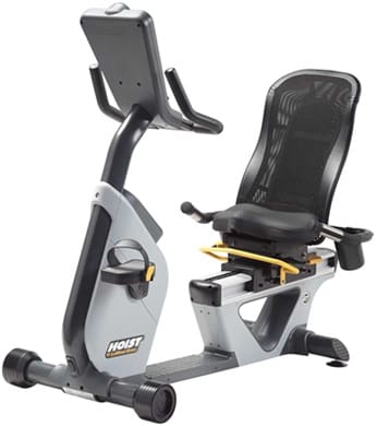 A modern recumbent exercise bike with a digital display and comfortable mesh seat.