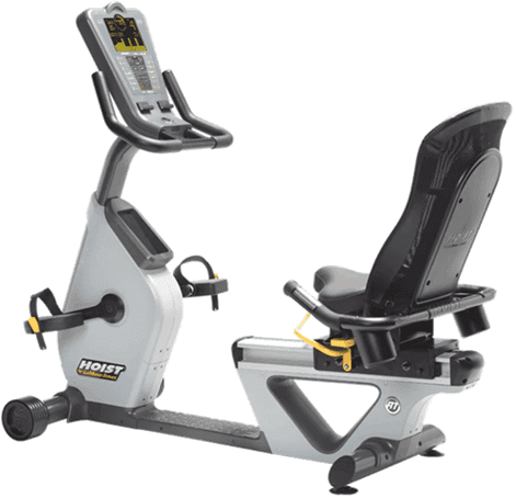 Modern recumbent exercise bike with digital display and adjustable seat.