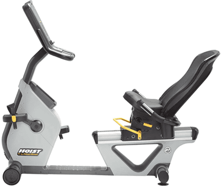 A modern recumbent exercise bike with digital display and adjustable seat.