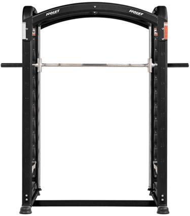 A black and silver multi-functional power rack for weightlifting and strength training.