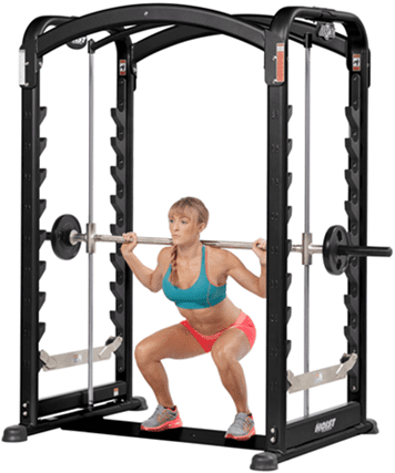 A black and silver multi-functional power rack for weightlifting and strength training.
