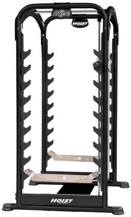 A black and silver multi-functional power rack for weightlifting and strength training.