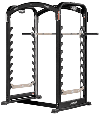 A black and silver multi-functional power rack for weightlifting and strength training.