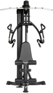 Multifunctional home gym equipment with adjustable pulleys and padded seat.