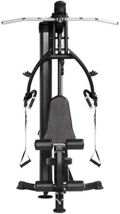 Multifunctional home gym equipment with adjustable pulleys and padded seat.