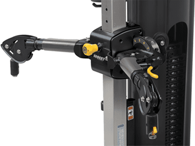 Home gym pulley system for strength training exercises.