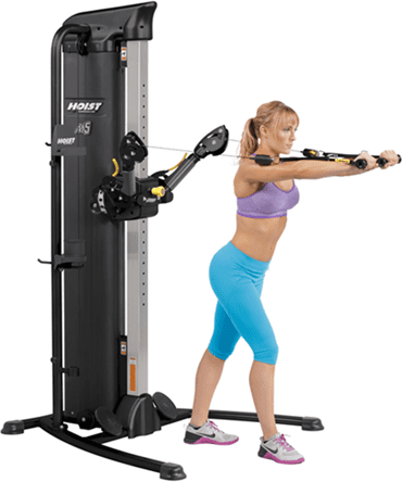 Home gym pulley system for strength training exercises.