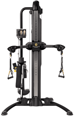 Home gym pulley system for strength training exercises.