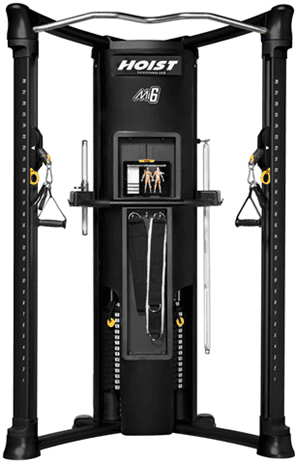 Modern functional trainer gym equipment with adjustable pulleys and touchscreen.