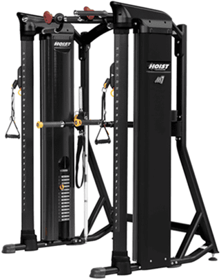 Close-up of a black and yellow fitness cable machine.