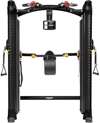 Modern multi-functional gym machine with weight stacks and pulleys.