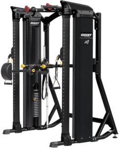 Modern multi-functional gym cable machine with adjustable pulleys and weight stacks.