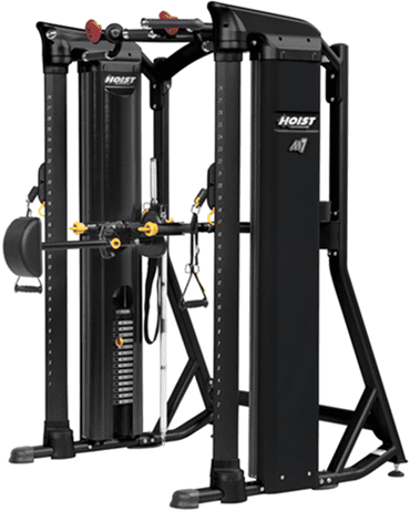 Modern multi-functional gym cable machine with adjustable pulleys and weight stacks.