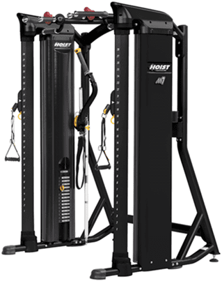 Modern multi-functional gym machine with weight stacks and pulleys.