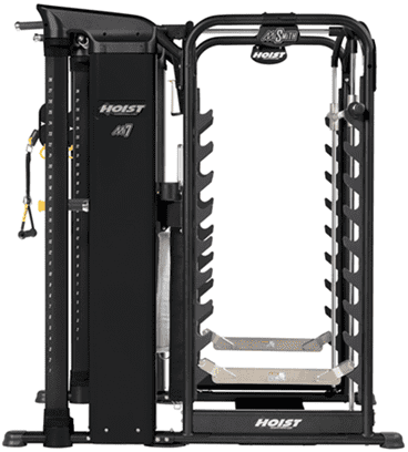 Modern multi-functional gym machine with various workout stations.