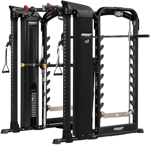 Modern multi-functional gym machine with various workout stations.