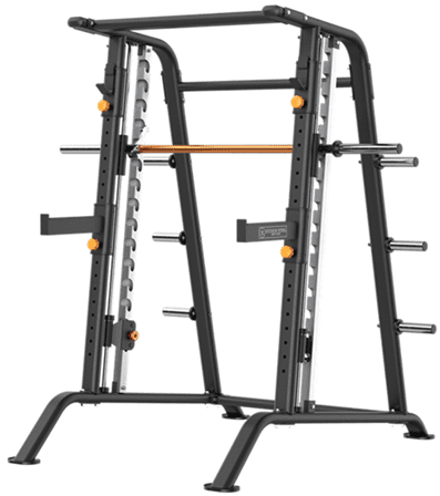 A black and orange Smith machine for weightlifting exercises.