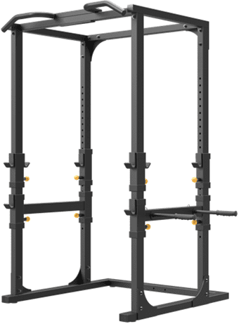 Adjustable black metal gym rack with safety bars and supports.