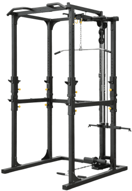 Black metal gym power rack with multiple attachments for versatile workouts.