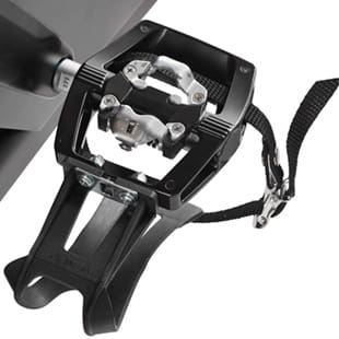 Black clipless bicycle pedal with toe clip and strap.