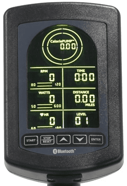 Exercise bike with tablet holder and water bottle included.