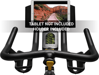 Exercise bike with tablet holder and water bottle included.