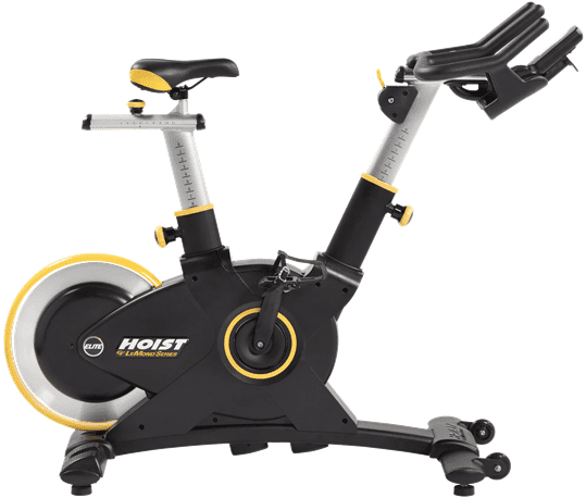 Modern black and yellow indoor exercise bike with adjustable seat and handlebars.