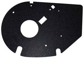 Black circular metal plate with holes and geometric cutouts.