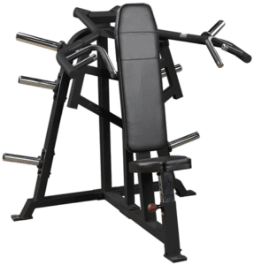 Seated chest press machine with handles and seat.