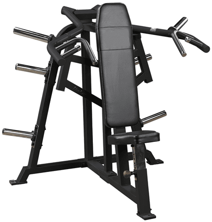 Seated chest press machine with handles and seat.