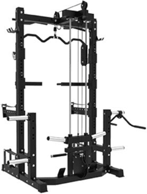A multi-functional gym machine with pulleys and weights.