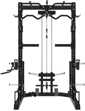 Multi-functional home gym machine with pulleys and weight stacks.