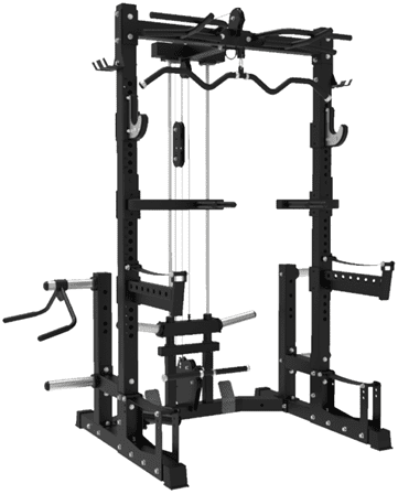 A multi-functional home gym power rack with various attachments for strength training.