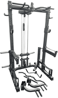 A black power rack gym equipment with pulleys and attachments for strength training.