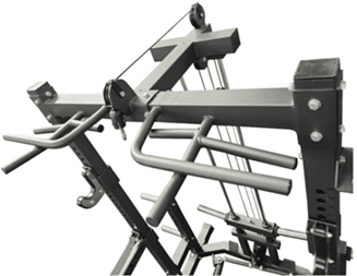 Close-up of a gym machine's metal frame and pulleys.