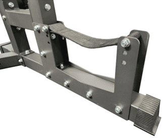 Close-up of a metallic mechanical lever with bolts and screws.