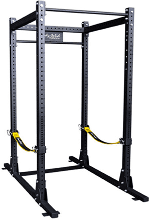 Black metal power rack with adjustable yellow safety straps for weightlifting.